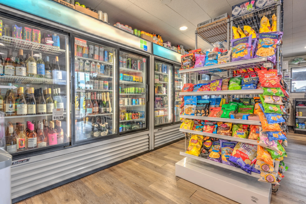 Cooler section stocked with cold drinks