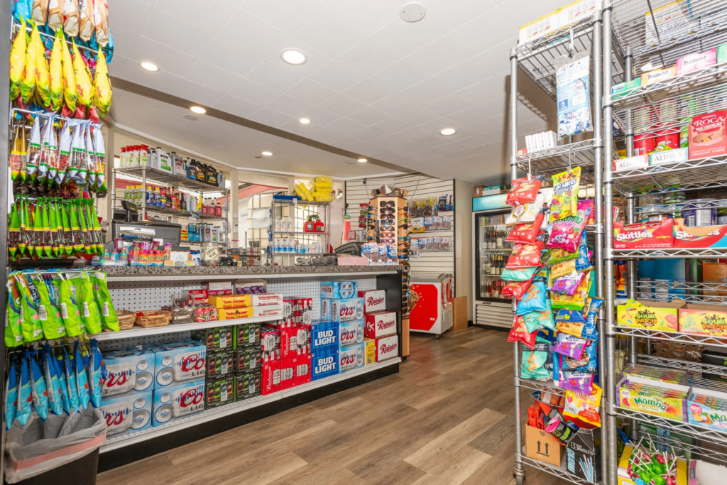 Wine, beer and snack aisle inside the Morrison's North Star Marine store